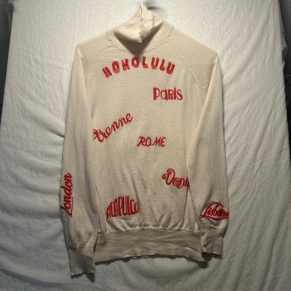 Victoria Beckham Sweaters - VICTORIAVICTORIA BECKHAM 100% wool cream red city embroidered turtleneck sweater